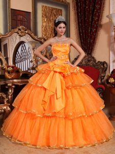 Ruffled Organza Strapless Orange Bowknot Quinceanera Dress