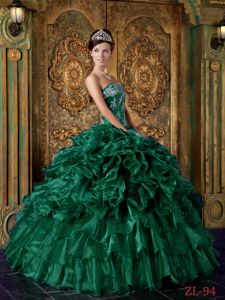 Ruffled Green Organza Strapless Quinceanera Dress with Bead