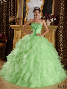 Ruffled Apple Green Embroidery Sweet 15 Dresses with Beads