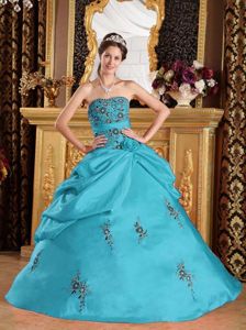 Teal Taffeta Quinceanera Dress with Embroidery and Pick-ups