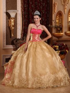 Gold Weave Quinceanera Dress with Embroidery and Ruffles