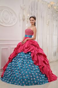 Taffeta Beaded Red and Blue Floral Sweet 15 Dresses Sashed