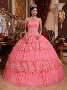 Lace Watermelon Organza Quinceanera Dress with Appliques