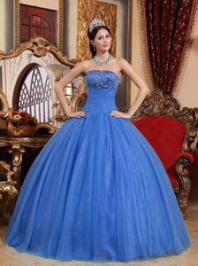Cheap Embroidery Blue Tulle Quinceanera Dress with Beading