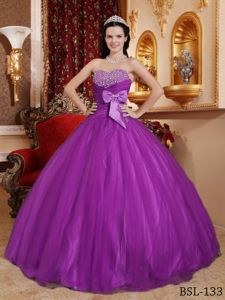 Tulle and Taffeta Purple Bowknot Quinceanera Dress Beaded
