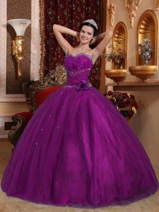 Tulle Eggplant Purple Beaded Dress for Quince with Flower