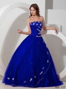 Royal Blue Strapless Appliques and Beading Quinceanera Gown