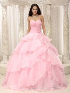 Ruching Sweetheart Baby Pink Quinceanera Dress with Layered Ruffles