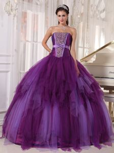 Strapless Beading Purple Ball Gown Sweet 15 Dresses with Ruffles