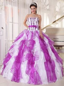 Ruffled Strapless Appliques Quinces Dresses in White and Purple