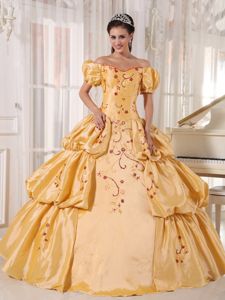 Gold Off The Shoulder Bubble Sleeves Quinceanera Dress with Embroidery and Pick-ups