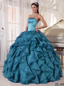 Teal Ball Gown Strapless Beading Ruffled Sweet Sixteen Dresses