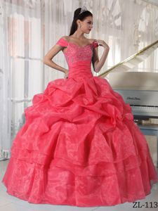 Watermelon Off The Shoulder Beading Pick-ups Quinceanera Dress