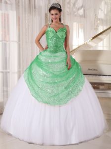 Apple Green Sequin and White Spaghetti Halter Quinceanera Gowns