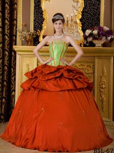 Strapless Appliques Ball Gown Quinceanera Dress in Green and Rust Red