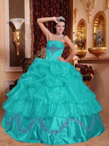 Beading Turquoise Strapless Dresses For a Quinceanera with Pick-ups