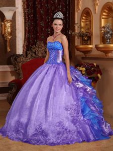 Embroidery and Ruffles Strapless Organza Dresses For a Quince in Purple