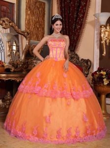 Appliques Strapless Organza and Lace Quinceanera Dress in Orange