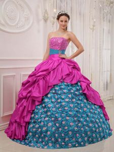 Pick-ups and Flowers Beading Quinceanera Dress in Hot Pink and Blue