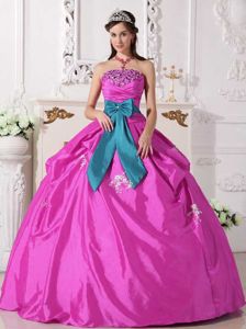 Appliques Hot Pink Beading and Ruche Quinceanera Dress with Sash