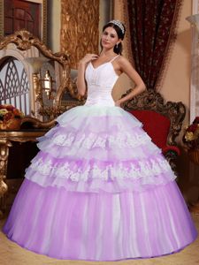 Beauty and geeks Spaghetti Straps Lace Appliques Quinceanera Dress in Lavender and White