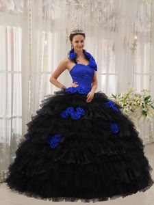 Hand Made Flowers Halter Quinceanera Dress in Dark Blue and Black