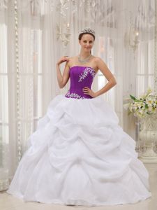 White and Eggplant Purple Appliques Quinceanera Dress with Pick-ups