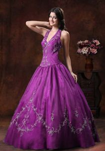 2013 Purple Embroidery Halter A-line Organza Sweet Sixteen Dresses