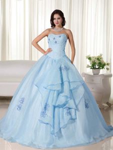 Embroidery Baby Blue Strapless Organza Sweet 16 Quinceanera Dresses
