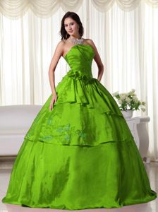 Ruching Strapless Taffeta Hand Made Flowers Quinceanera Dress in Green