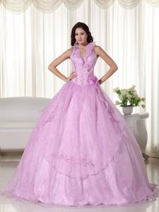 Halter Pink Chiffon Quinceanera Dress with Embroidery and Beading