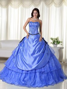 Appliques Strapless Beading Blue Organza Quinceanera Dress with Layers