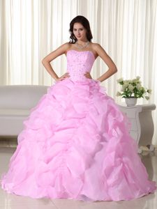 2013 Beading and Layers Pink Strapless Organza Dress For Quinceanera