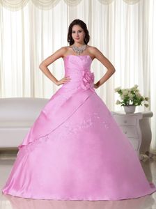Pink Strapless Taffeta Beading and Hand Made Flowers Quinceanera Dress