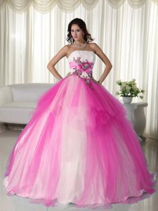 Appliques and Beading Tulle Dresses For Quinceaneras in Hot Pink and White