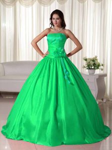 Ruche and Hand Made Flowers Green Strapless Dress For Quinceanera