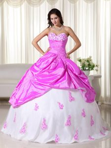 Hot Pink And White Quinceanera Dress with Ruching and Appliques