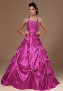 Pick-ups A-line Fuchsia Quinceanera Dresses with Halter and Beading