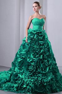 Flowers Pattern Decorated Turquoise Brush Train Quinceanea Dress