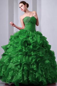 Green Beading and Ruffles Quinceanera Dress with Ruching Bodice