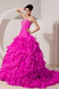 Brush Train and Boning Details Hot Pink Princess Beading Dresses 15