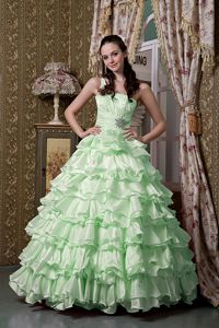 Apple Green One Shoulder Beading Ruffled Layers Quinceanea Dress