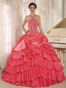 Halter Watermelon Pleating Quinceanera Dress with Beaded Bodice