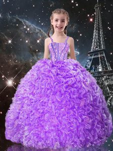 Floor Length Lilac Little Girls Pageant Dress Organza Sleeveless Beading and Ruffles
