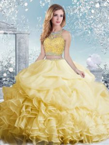 High Quality Floor Length Yellow Quinceanera Gowns Organza Sleeveless Beading and Ruffles and Pick Ups
