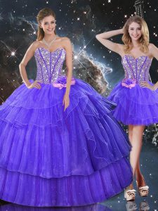Purple Lace Up Quinceanera Gowns Beading and Ruffled Layers Sleeveless Floor Length