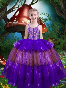 Custom Fit Purple Ball Gowns Organza Straps Sleeveless Beading and Ruffled Layers Floor Length Lace Up Pageant Dress Toddler