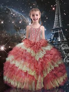 Short Sleeves Floor Length Beading and Ruffled Layers Lace Up Little Girls Pageant Dress Wholesale with Watermelon Red