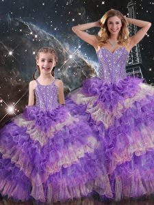 Super Sweetheart Sleeveless Organza Sweet 16 Quinceanera Dress Beading and Ruffled Layers and Sequins Lace Up