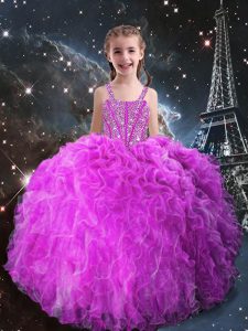 Super Fuchsia Lace Up Girls Pageant Dresses Beading and Ruffles Sleeveless Floor Length